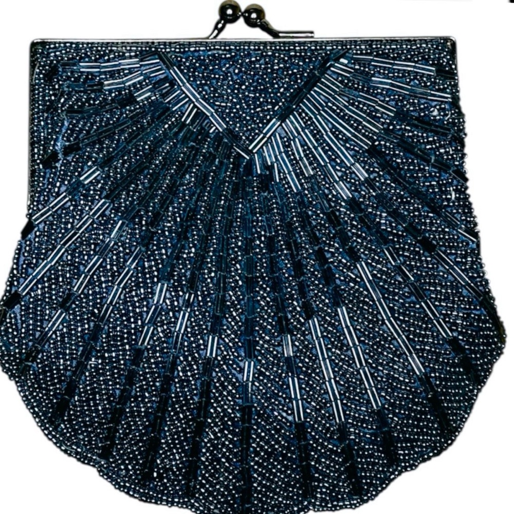 Womens Shoulder Bag Clutch Seashell Beaded Dark Blue Green